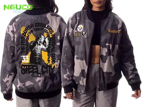 The wild collective women's pittsburgh steelers camo grey bomber jacket