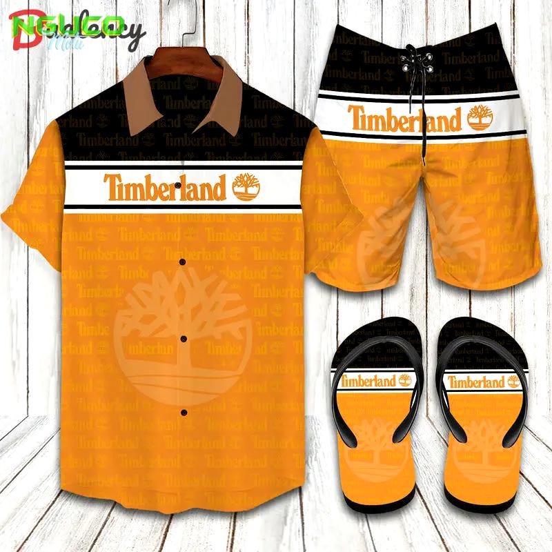 Timberland logo print orange hawaiian shirt shorts and flip flops combo