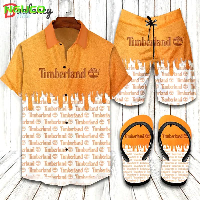 Timberland luxury brand white orange hawaiian shirt shorts and flip flops combo