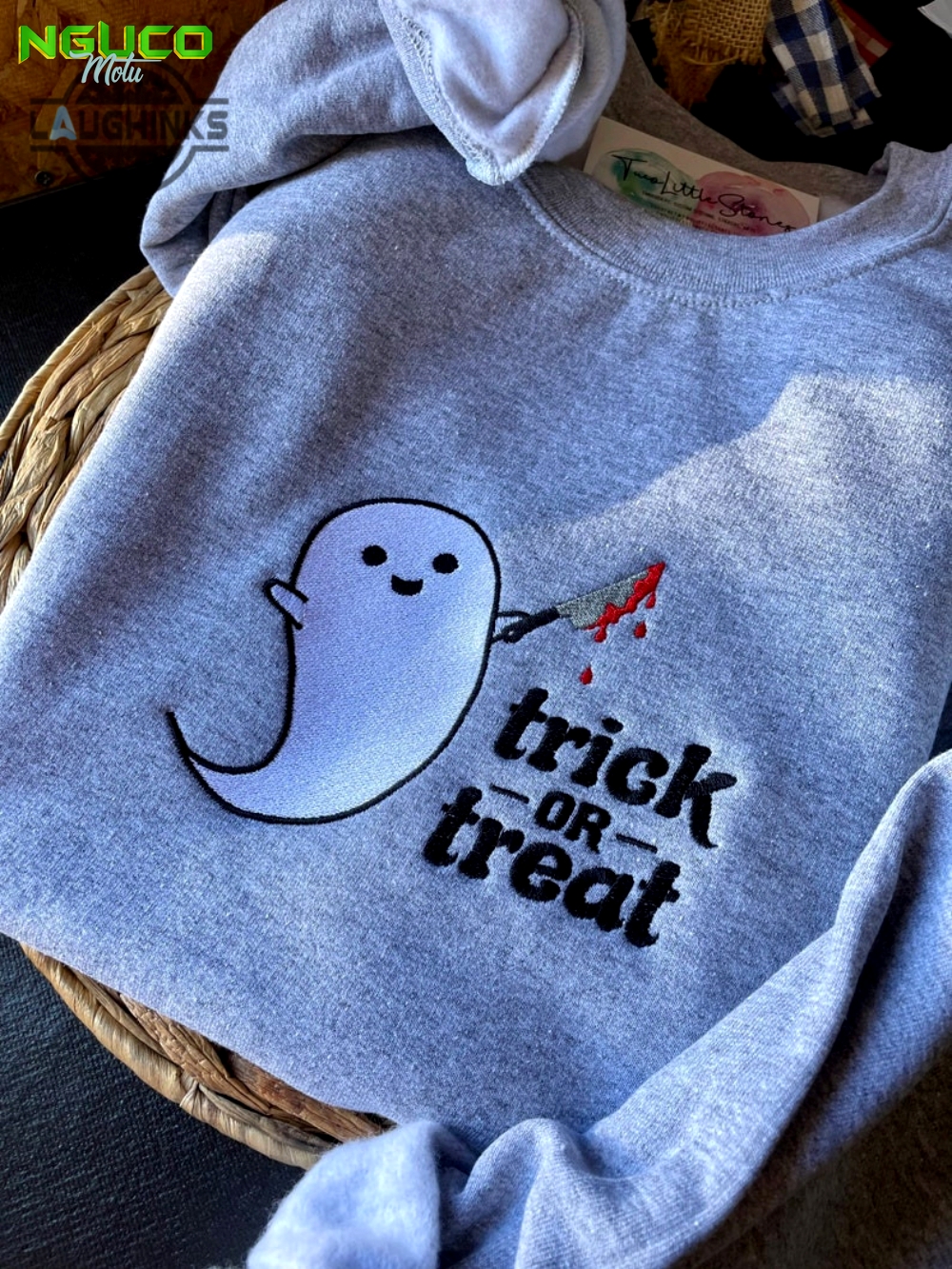 Trick or treat sweater embroidered halloween crewneck cute ghost sweatshirt embroidery tshirt sweatshirt hoodie gift