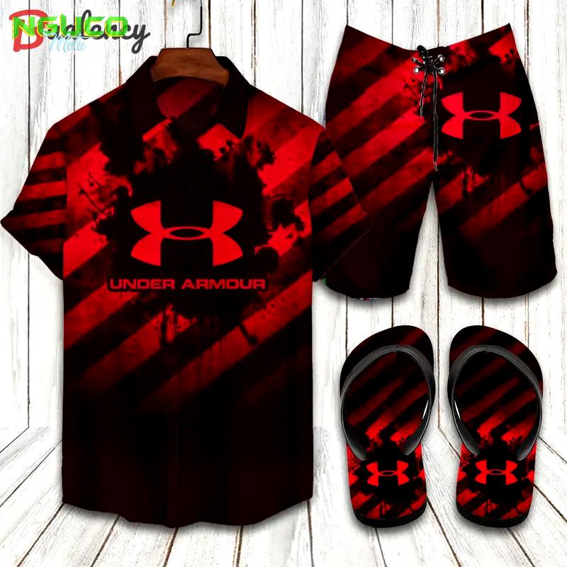 Under armour red hawaiian shirt shorts and flip flops combo