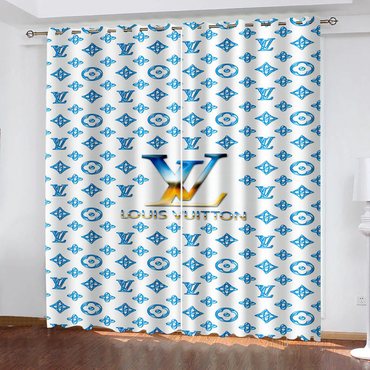 Louis vuitton lv blue window curtains hot 2023 luxury bedroom living room home decor