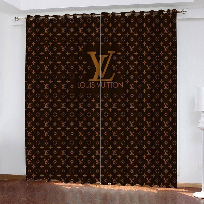 Louis vuitton lv brown luxury window curtains hot 2023 set for living room bedroom farmhouse style home decor