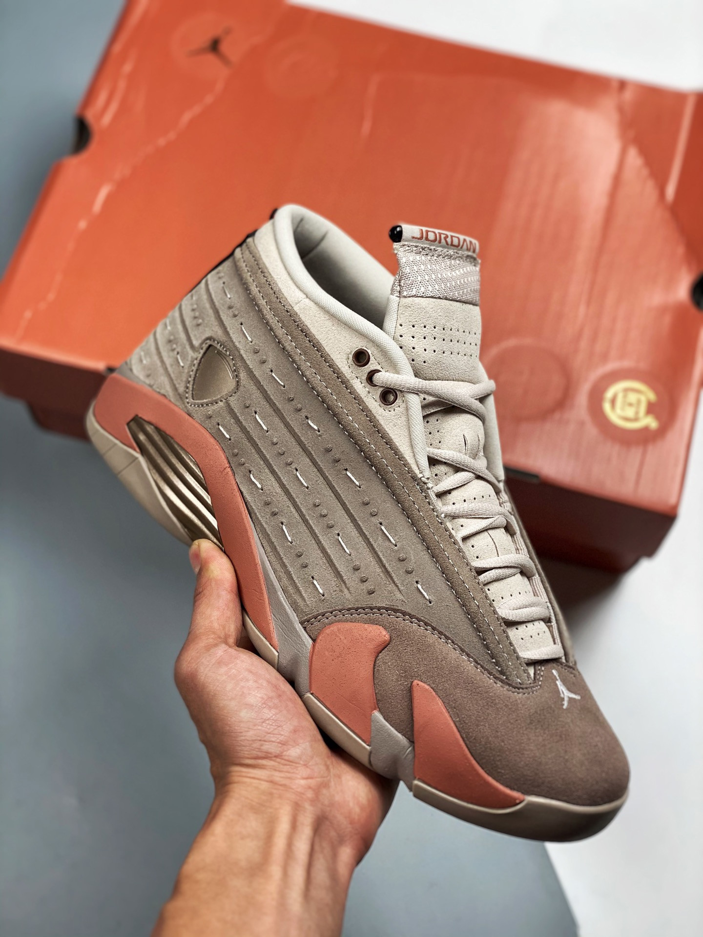 Clot x air jordan 14 low sepia stone/terra blush-desert sand