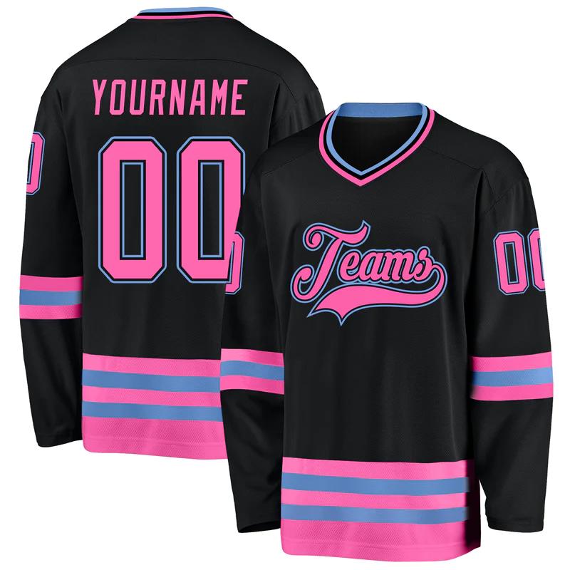 Custom black pink-light blue hockey jersey