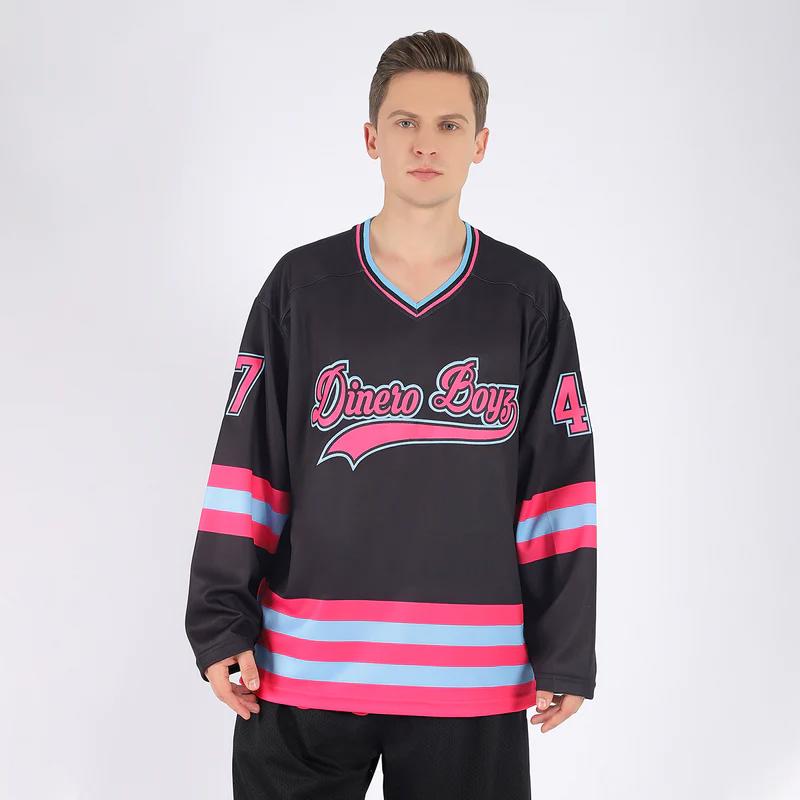 Custom black pink-light blue hockey jersey