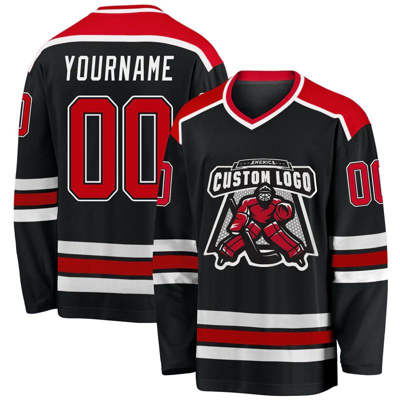 Custom black red-white hockey jersey