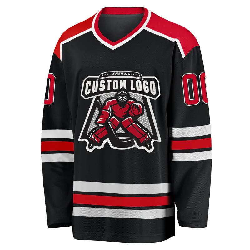 Custom black red-white hockey jersey