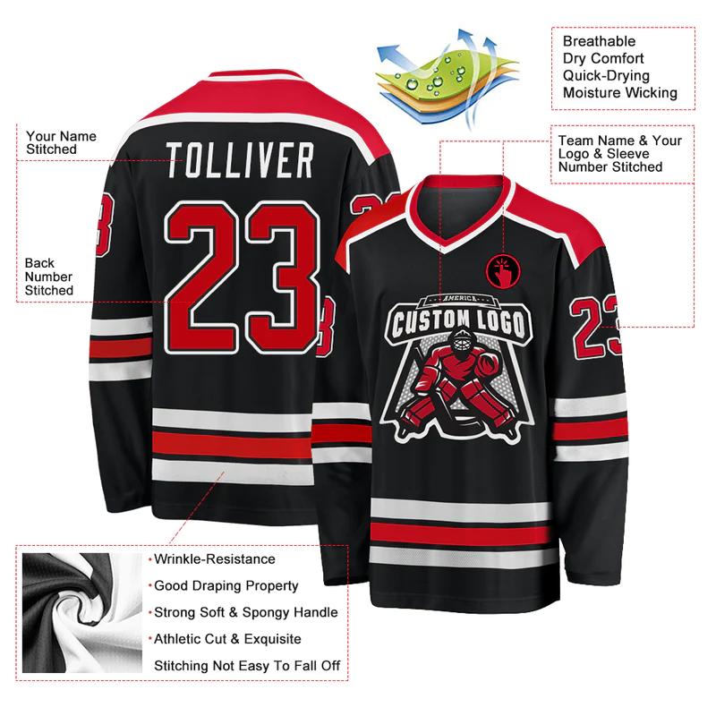 Custom black red-white hockey jersey
