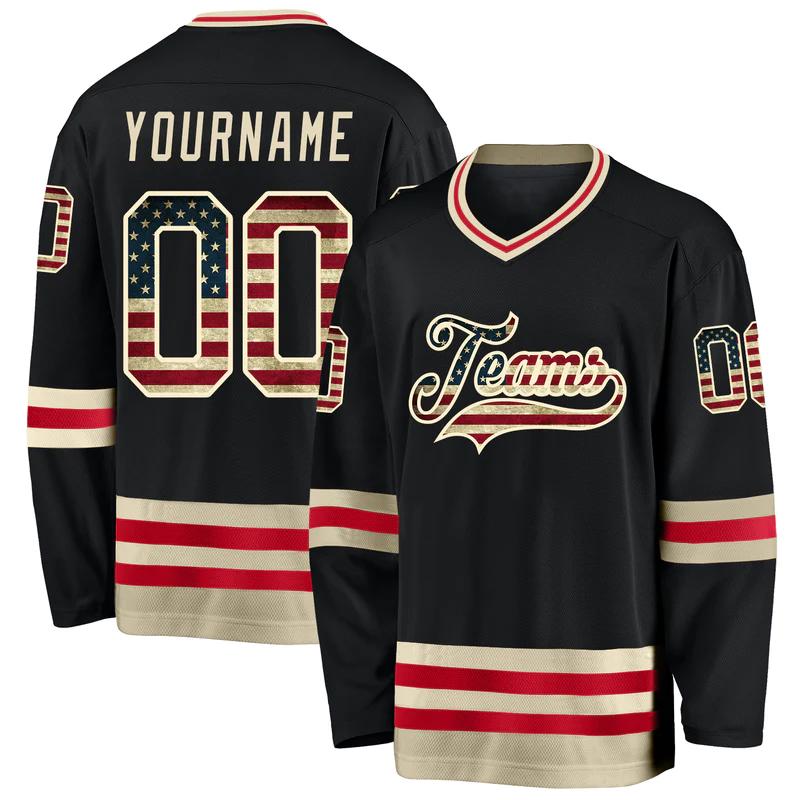 Custom black vintage usa flag-cream hockey jersey