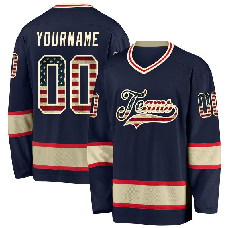 Custom navy vintage usa flag-cream hockey jersey