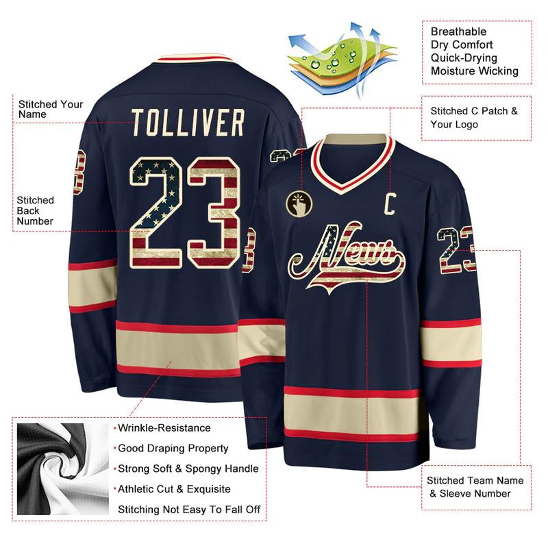 Custom navy vintage usa flag-cream hockey jersey