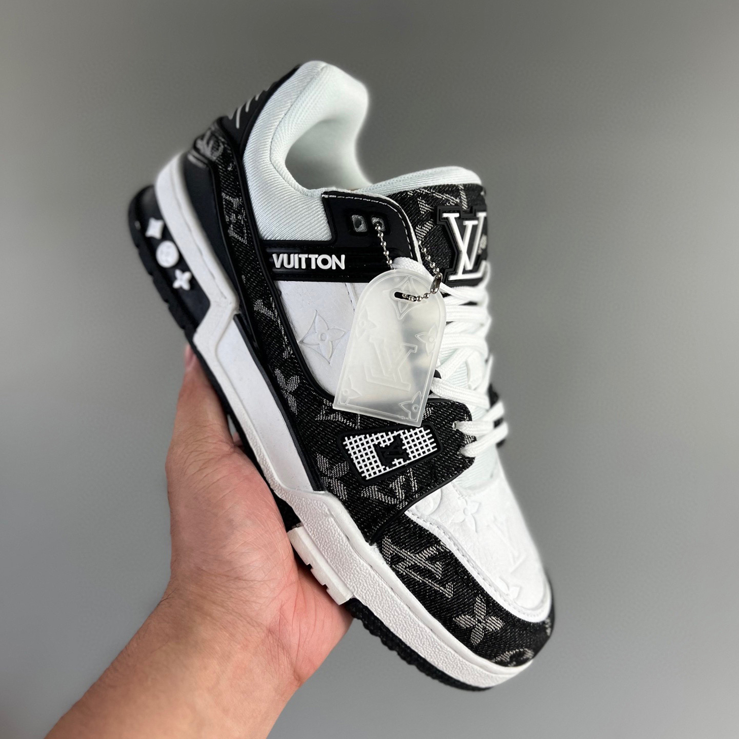 Louis vuitton lv trainer sneaker black white demin monogram