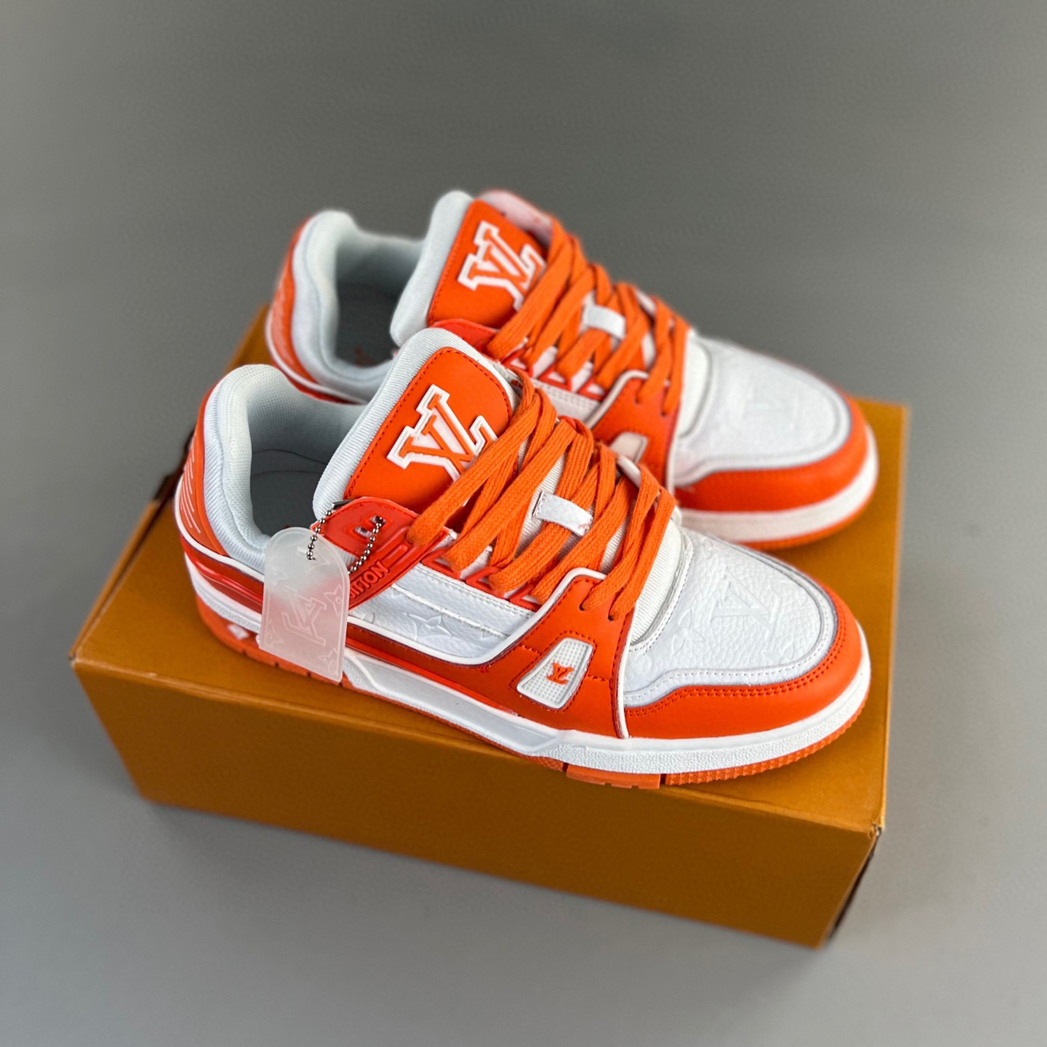 Louis vuitton lv trainer sneaker orange white lv