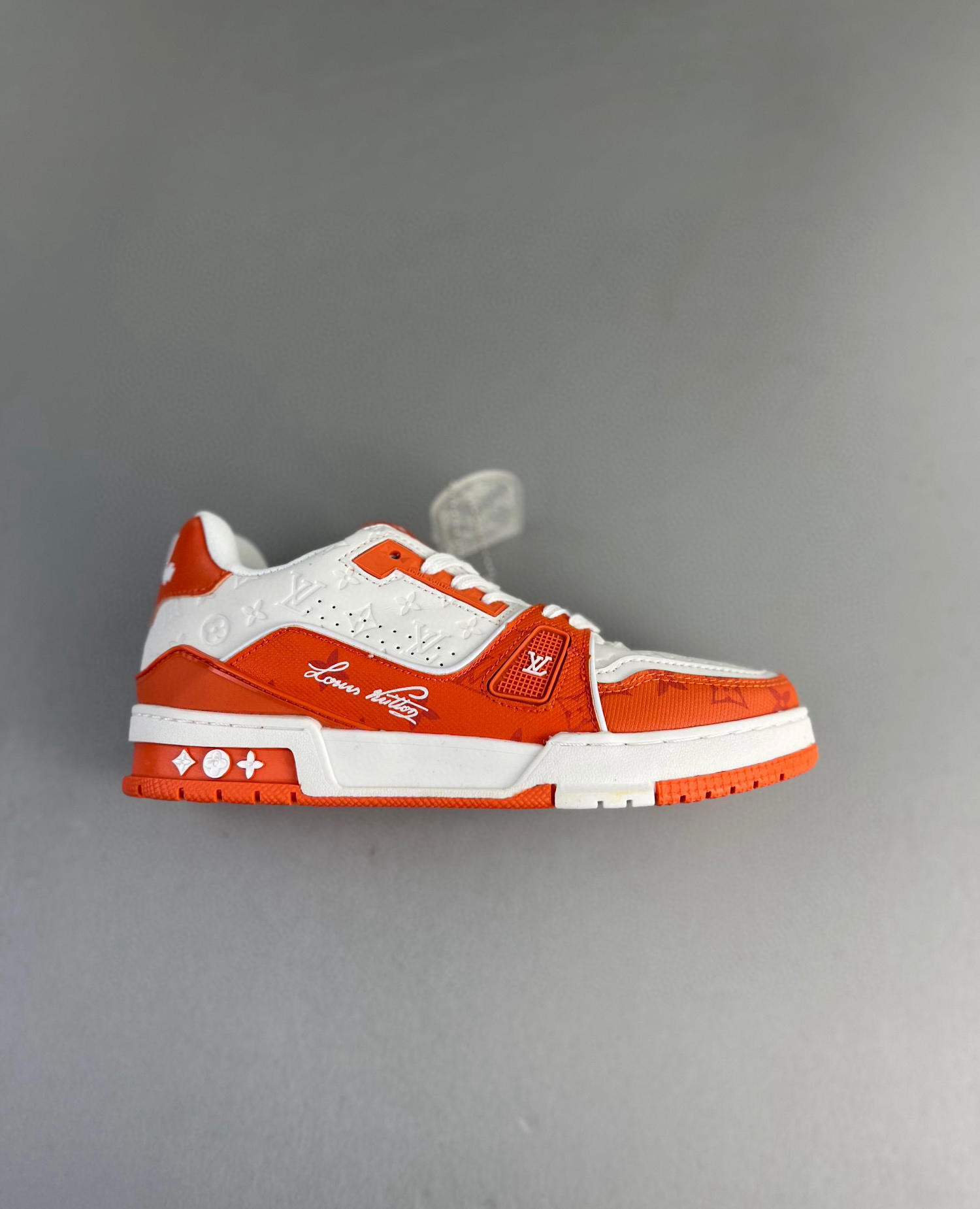 Louis vuitton lv trainer sneaker orange & white monogram canvas