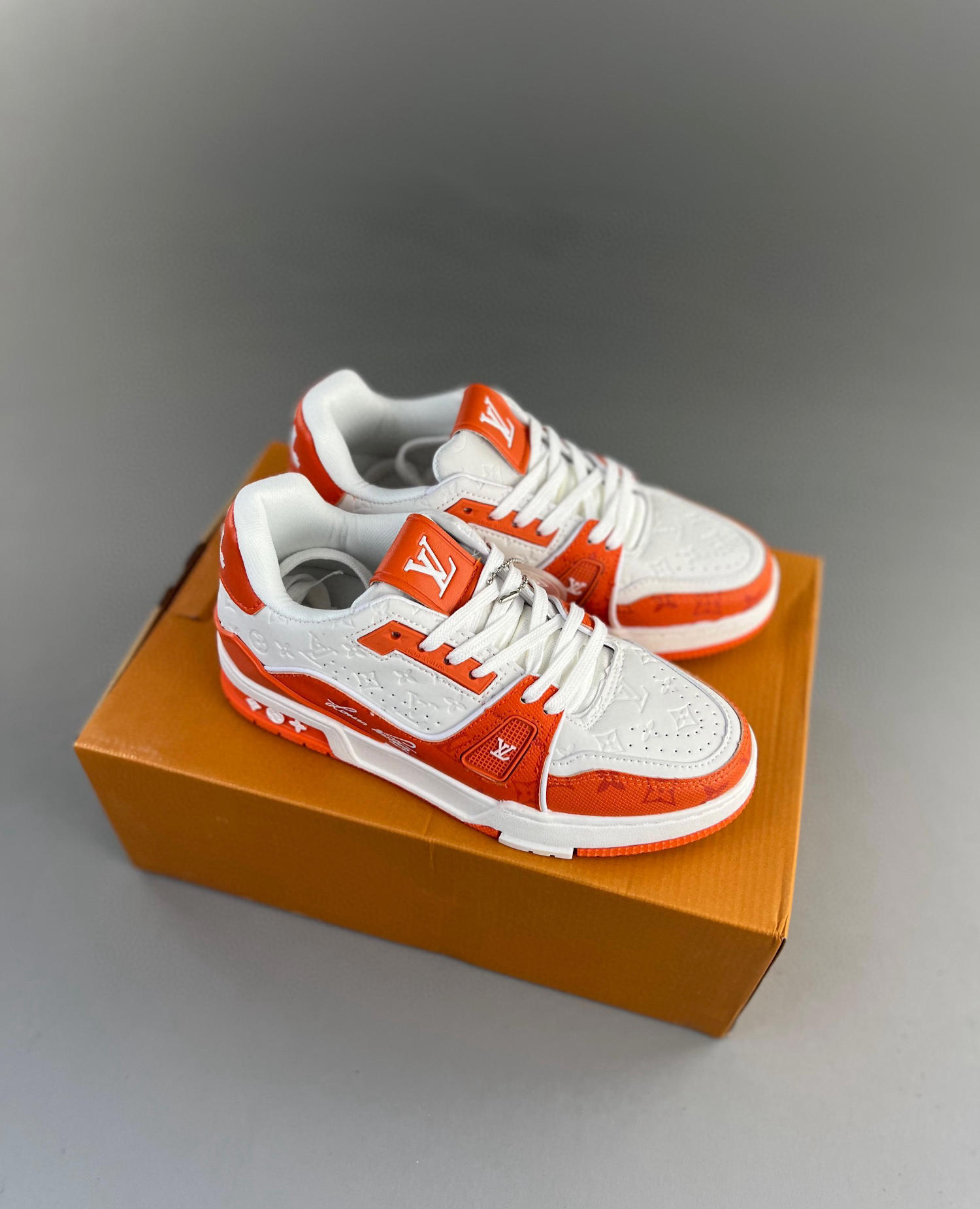 Louis vuitton lv trainer sneaker orange & white monogram canvas