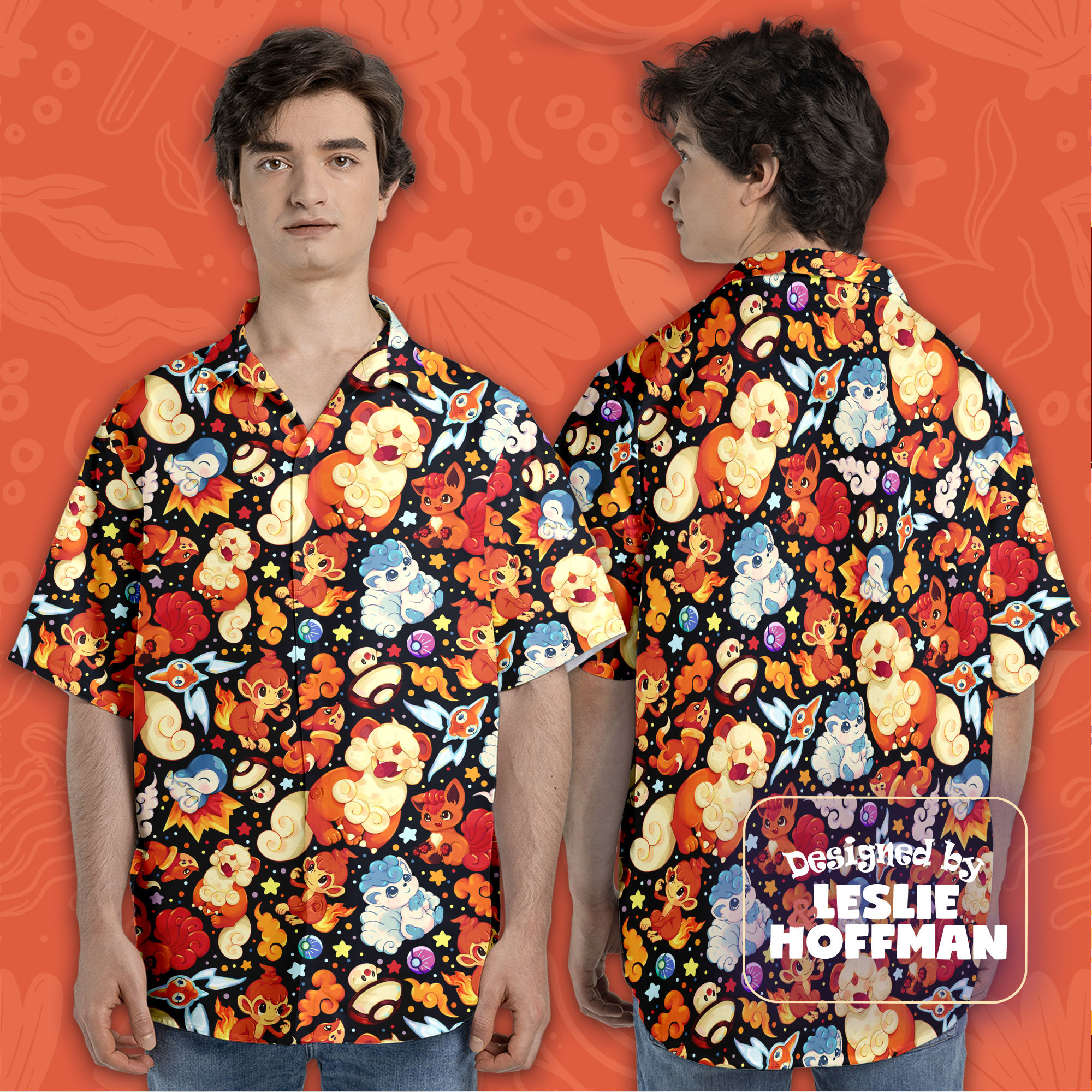 Growlithe Orange Button Up Shirt - Fire Pokemon Hawaiian Shirt