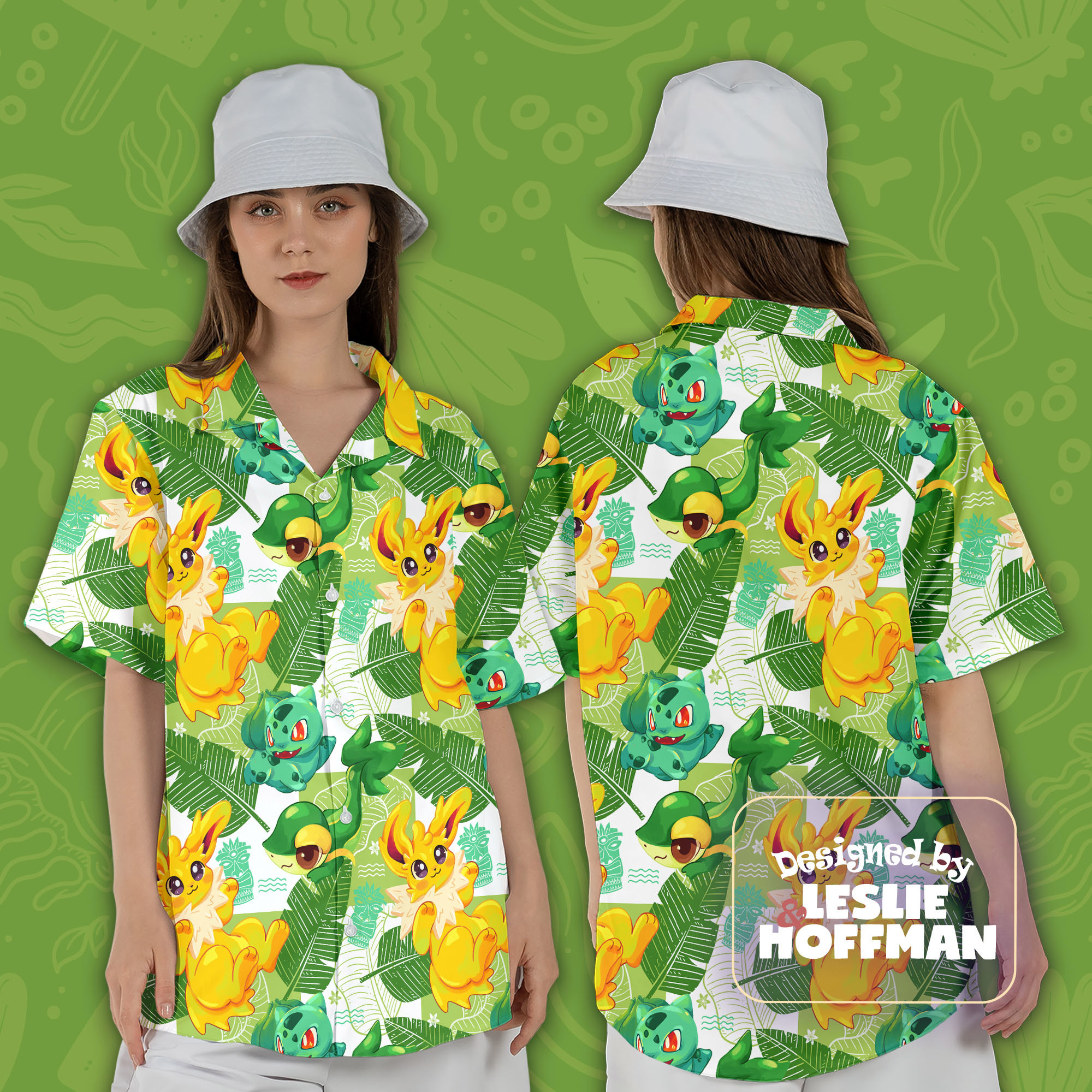 Jolteon Green Button Up Shirt - Electric Pokemon Hawaiian Shirt