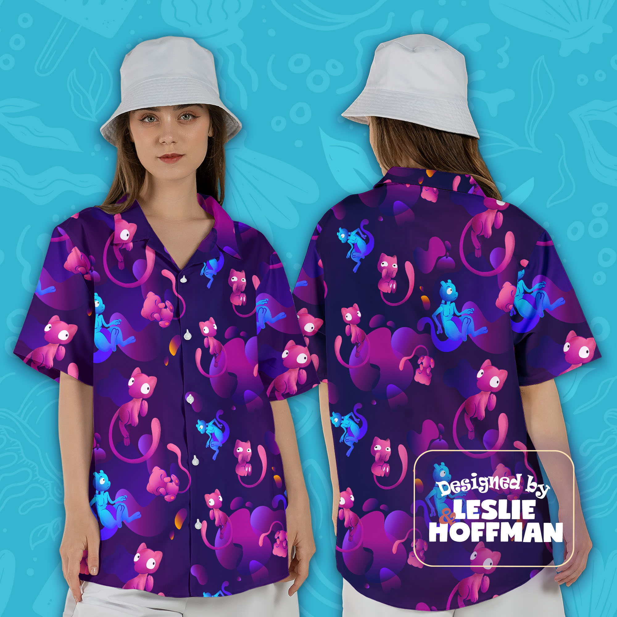 Mew Mewtwo Button Up Shirt - Psychic Pokemon Hawaiian Shirt