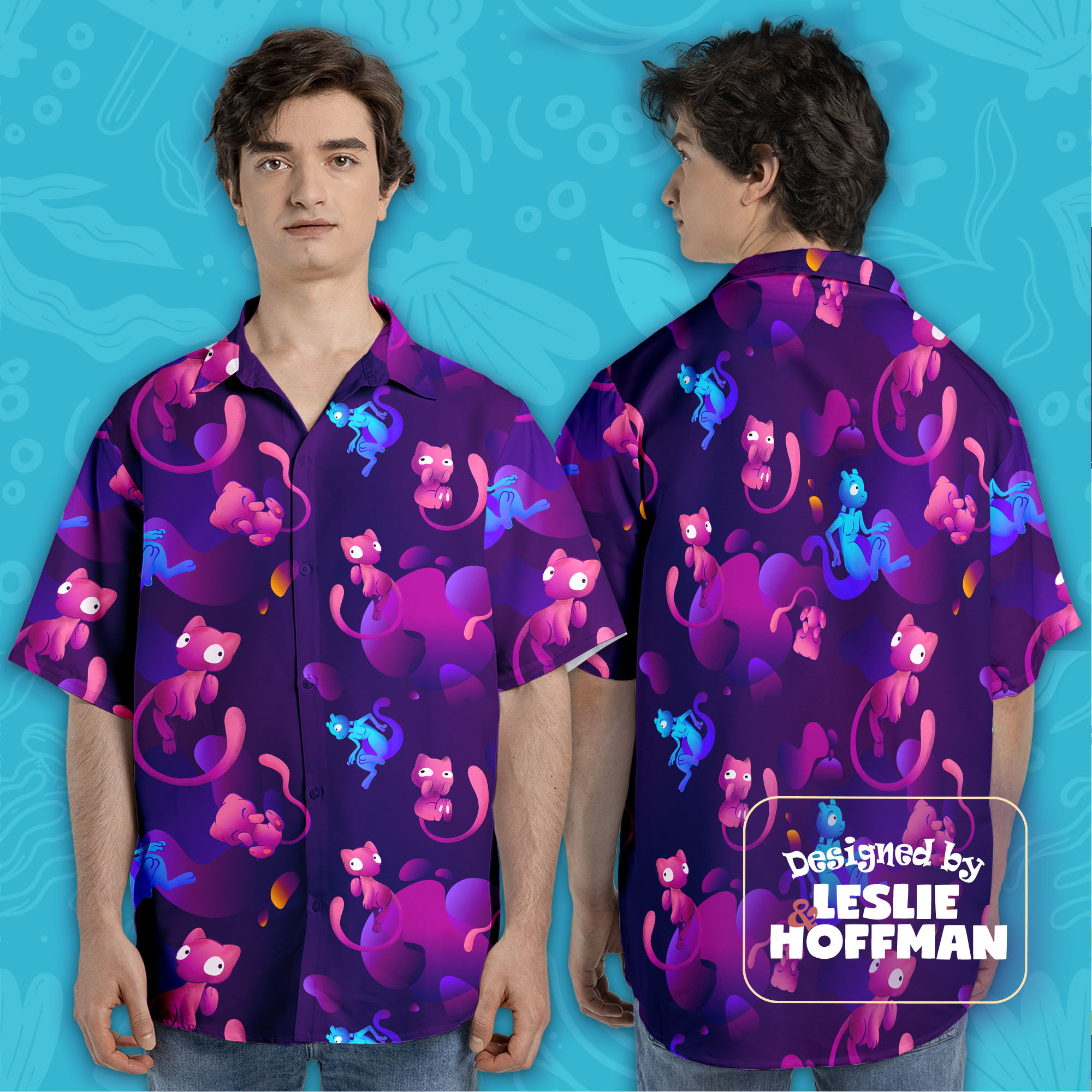 Mew Mewtwo Button Up Shirt - Psychic Pokemon Hawaiian Shirt