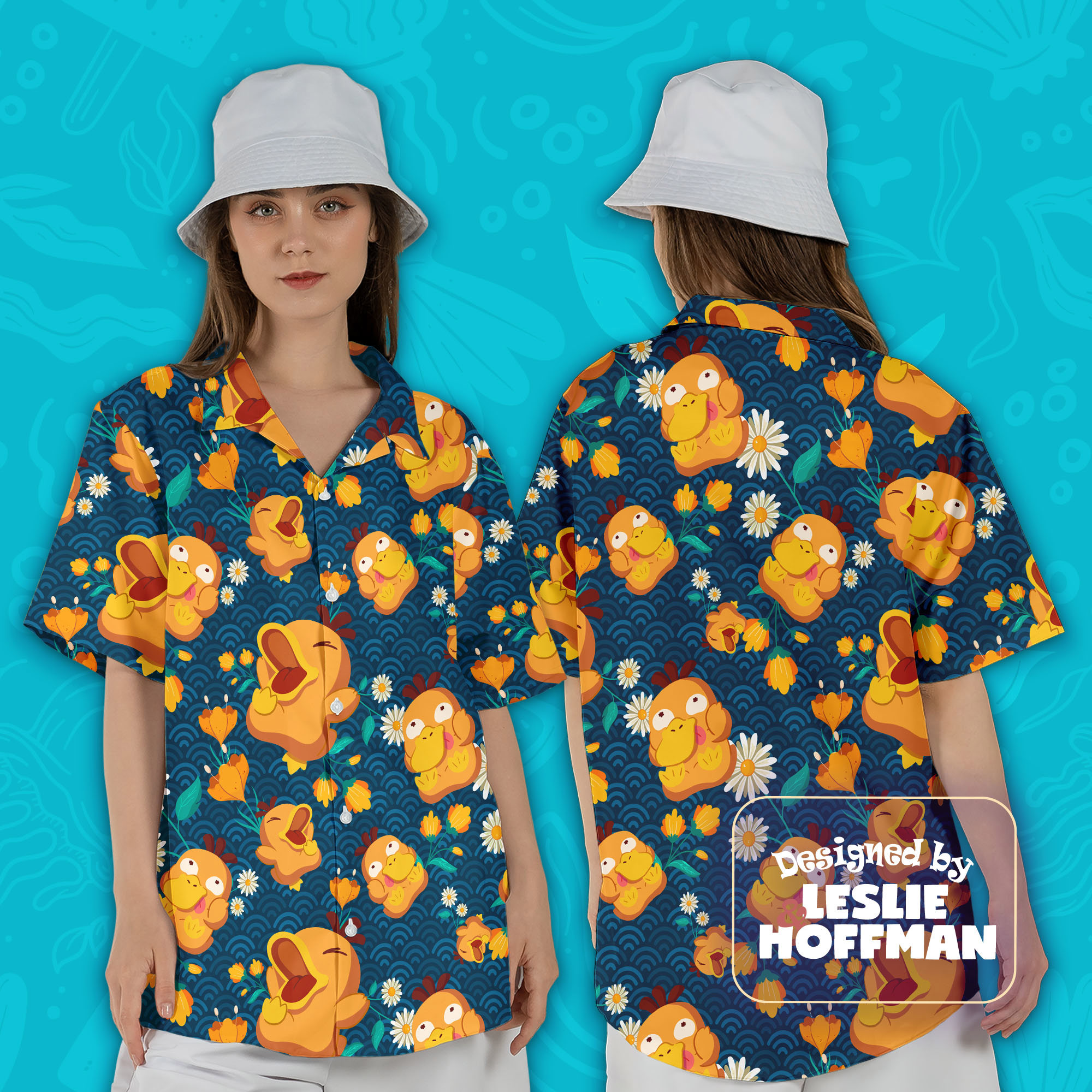 Psyduck Wave Flowers Hawaiian Shirt - Water Pokemon Button Up Shirt