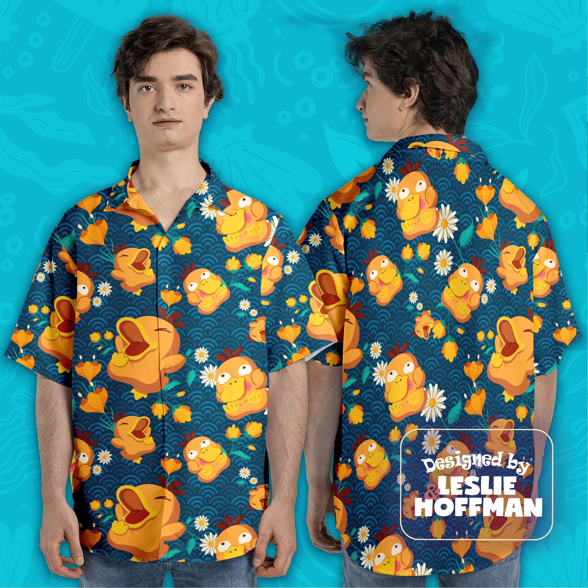 Psyduck Wave Flowers Hawaiian Shirt - Water Pokemon Button Up Shirt