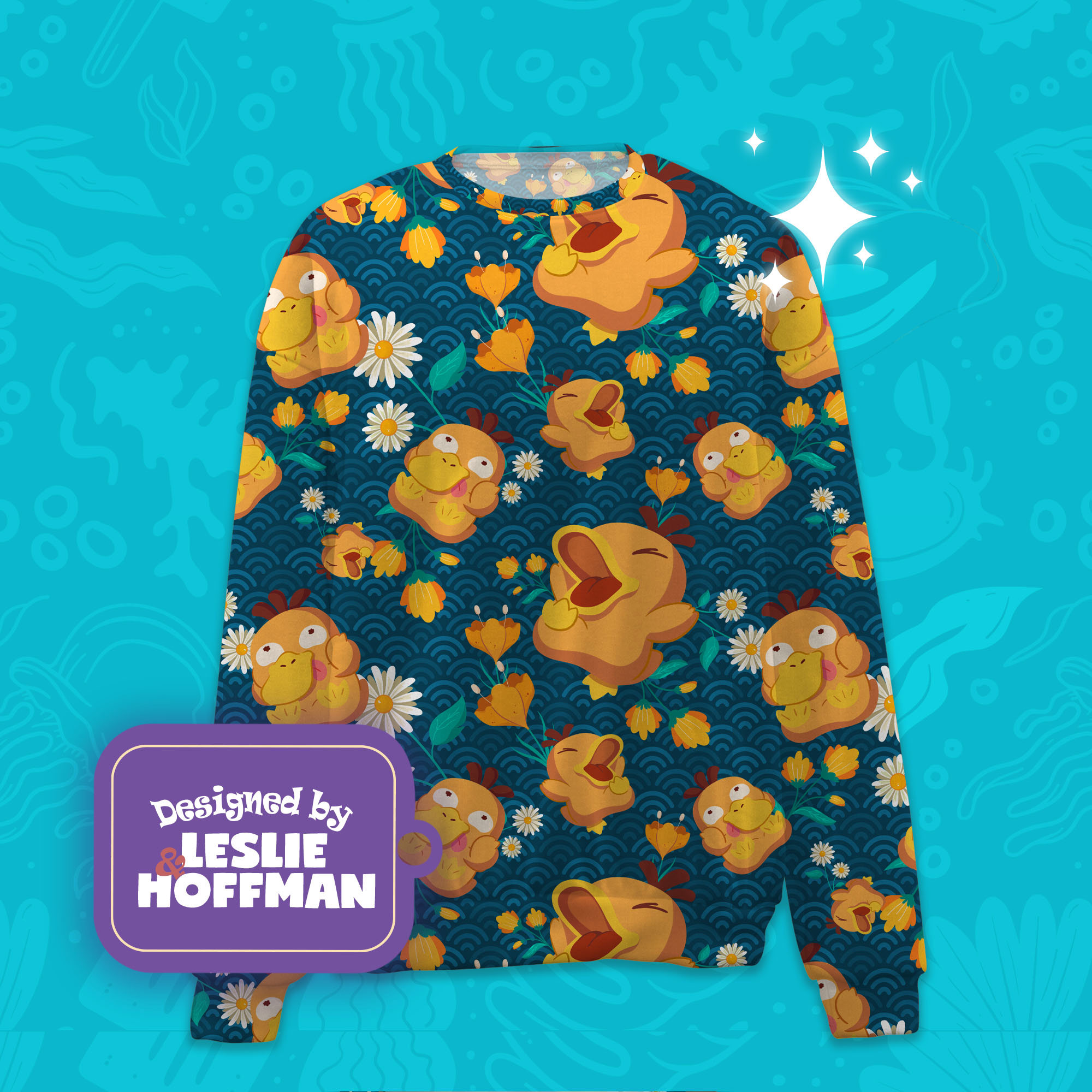 Psyduck wave flowers pokemon sweater pokemon sweatshirt