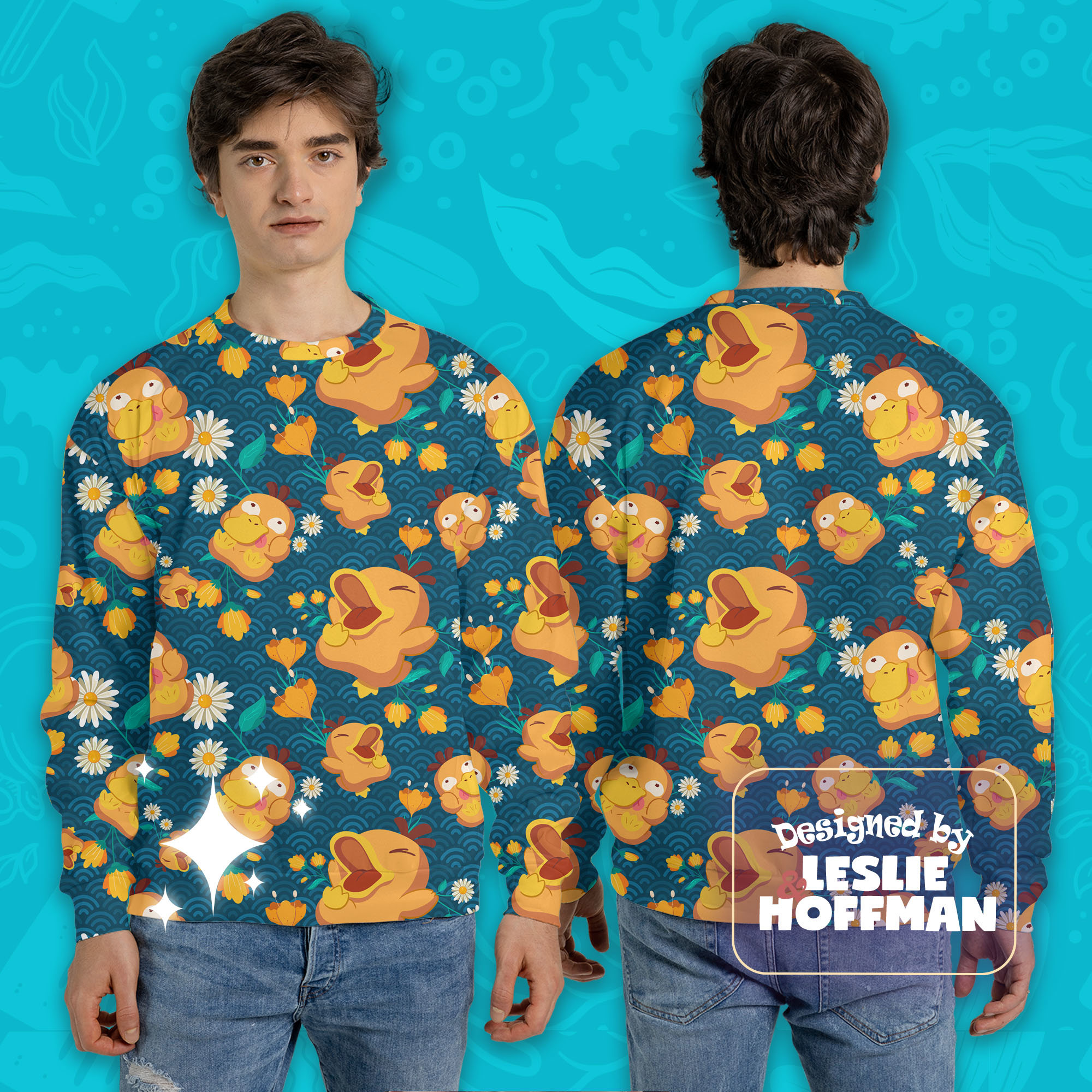 Psyduck wave flowers pokemon sweater pokemon sweatshirt