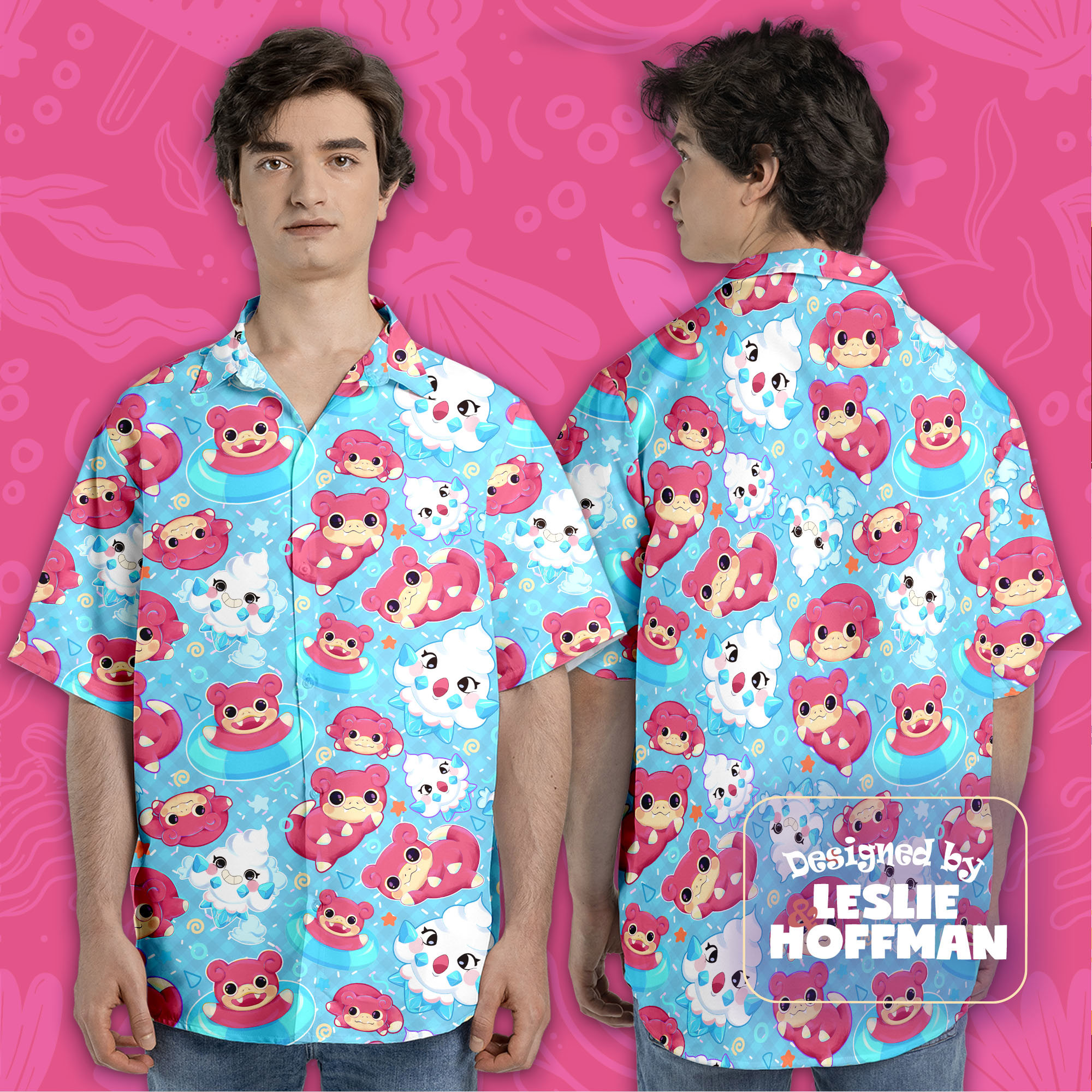 Slowpoke Blue Button Up Shirt - Psychic Pokemon Hawaiian Shirt