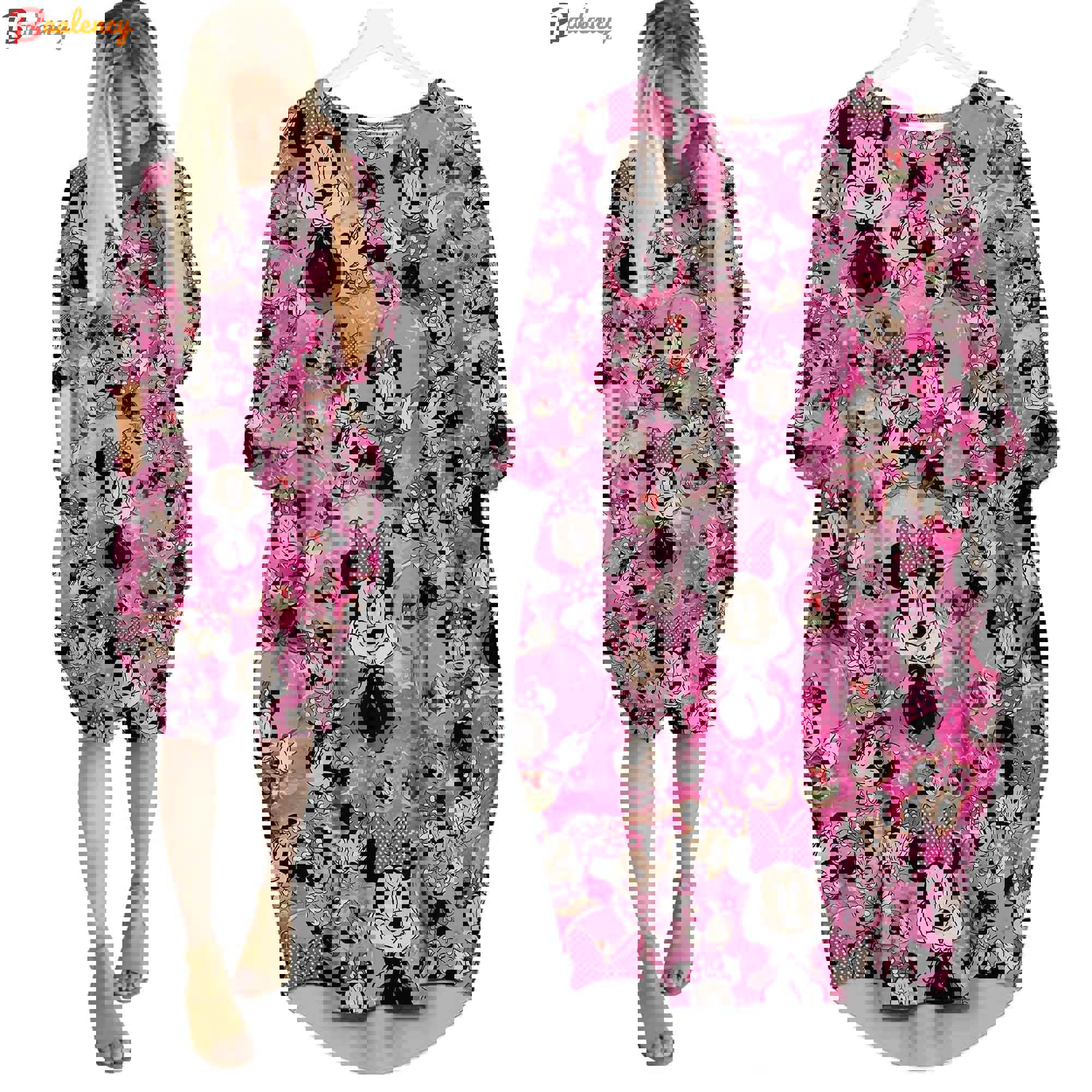 Minnie mouse pink pattern cute disney cartoon batwing pocket dress outfits women hn Batwing Pocket Dress