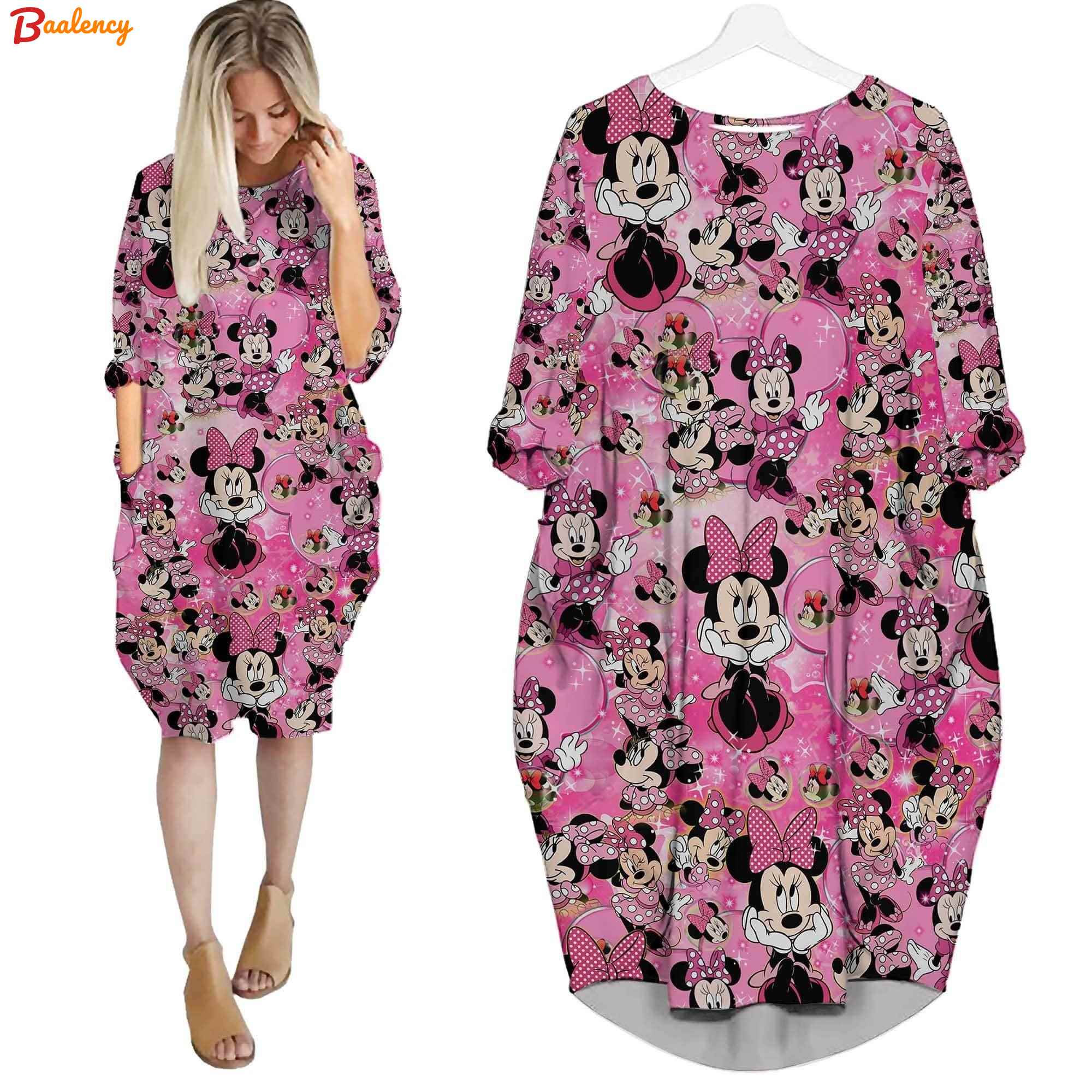 Minnie mouse pink pattern cute disney cartoon batwing pocket dress outfits women hn Batwing Pocket Dress