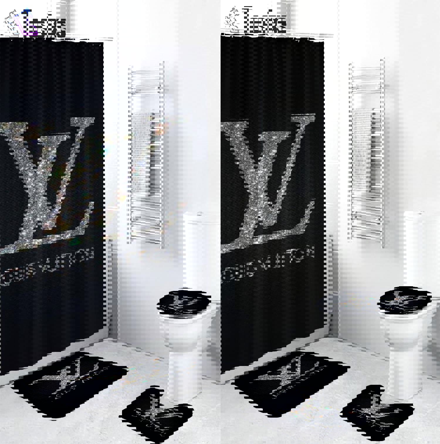 Louis vuitton lv glitter bathroom set hot 2023 luxury shower curtain