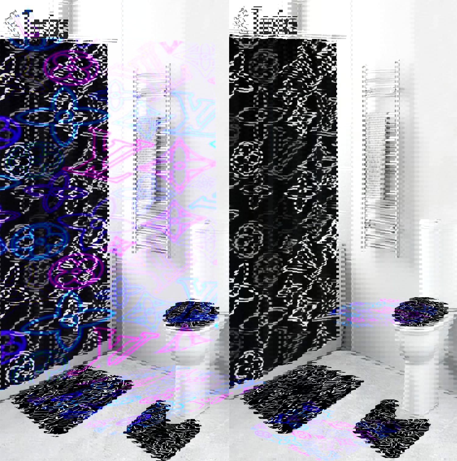 Louis vuitton lv colorful bathroom set hot 2023 luxury shower curtain
