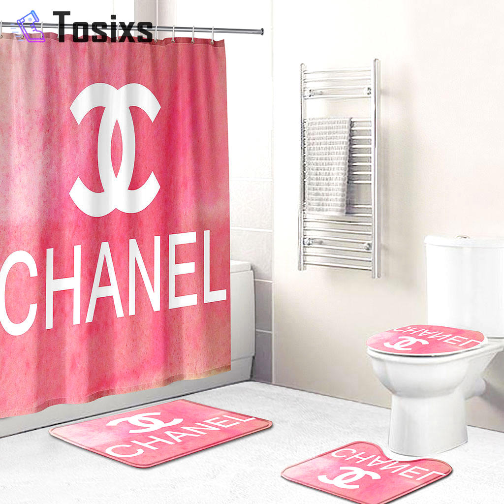 Chanel shower curtain pink and white luxury bath mat sets shower curtain 67 Bathroom Set