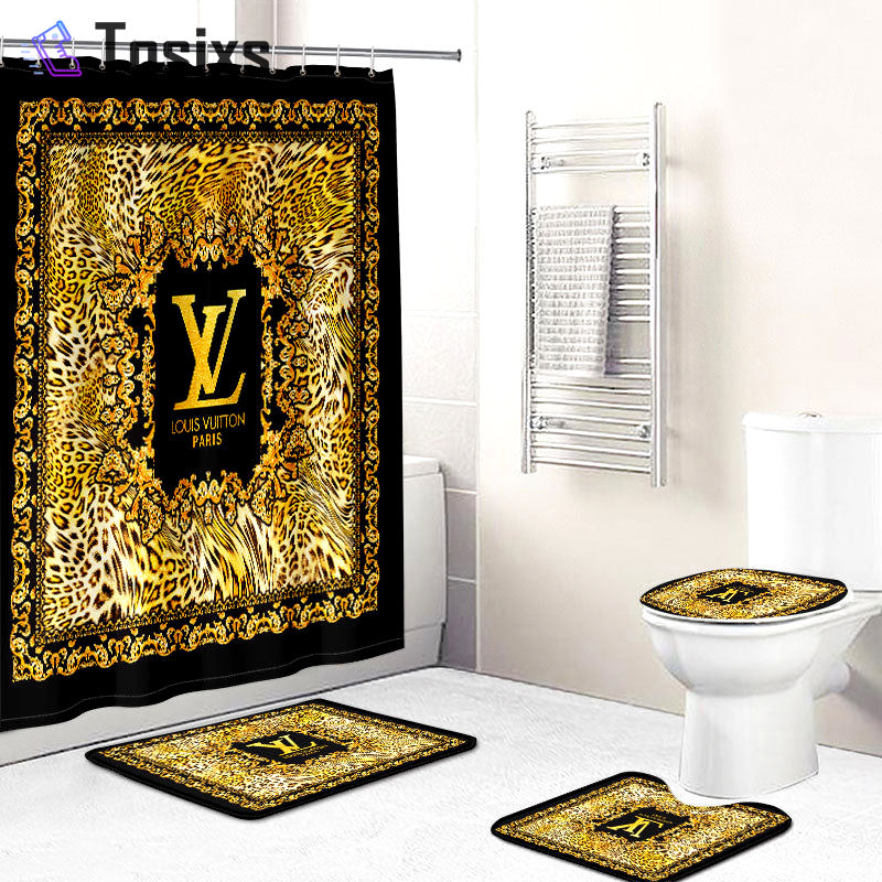 Louis vuitton lv gold bathroom set hot 2023 luxury shower curtain bath