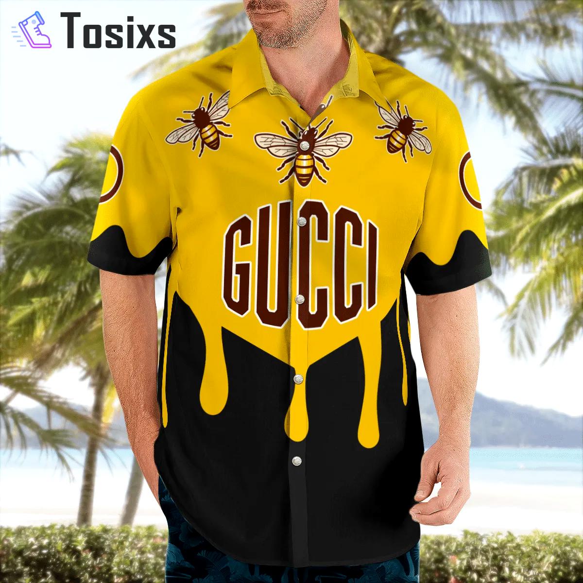 Gucci bee black yellow luxury brand premium fashion hawaii shirt for men 22 Hawaii Shirt