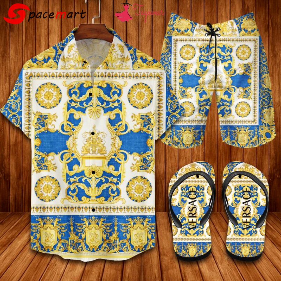 Versace flip flops and combo hawaiian shirt, beach shorts luxury summer clothes style #133 Hawaii Shirt Shorts & Flip Flops