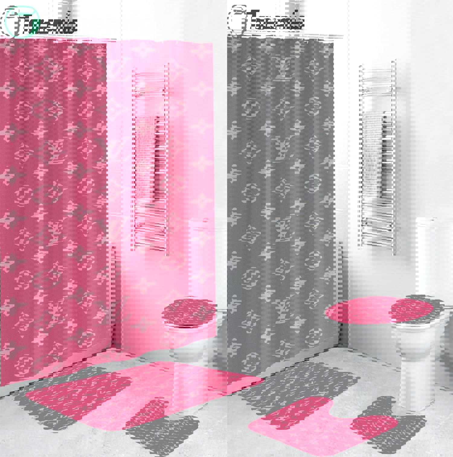 Louis vuitton lv pink bathroom set hot 2023 luxury shower curtain bath