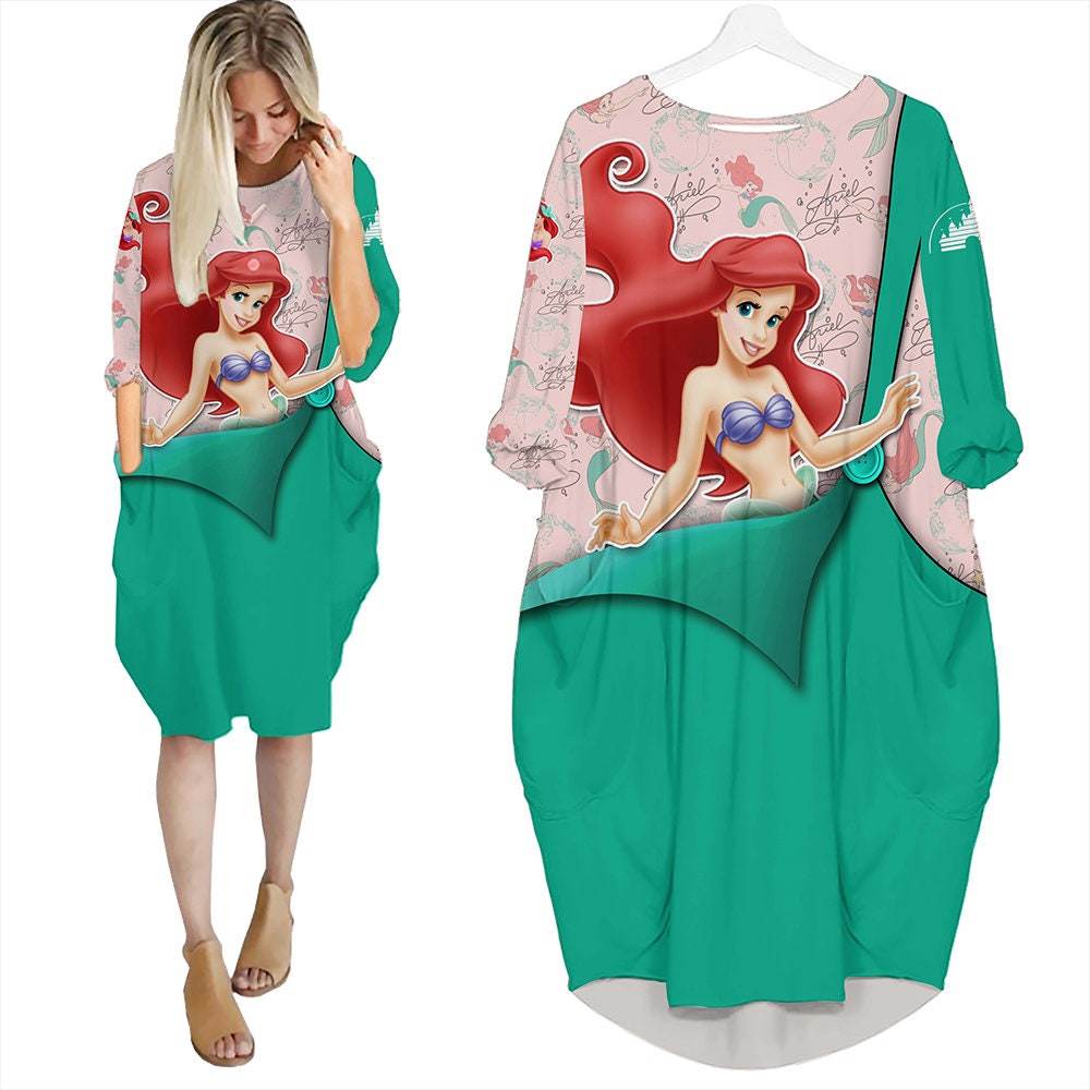 Little mermaid ariel green cute disney cartoon batwing pocket dress outfits women hn Batwing Pocket Dress