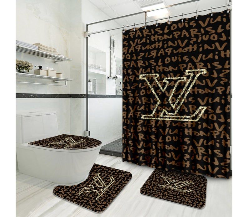 Lv logo type 269 Bathroom Accessory Sets Pedestal Rug Hypebeast Bathroom Bathroom Sets Bath Mat Set Waterproof Shower Curtain Home Decor Luxury Fashion Brand Toilet Cover