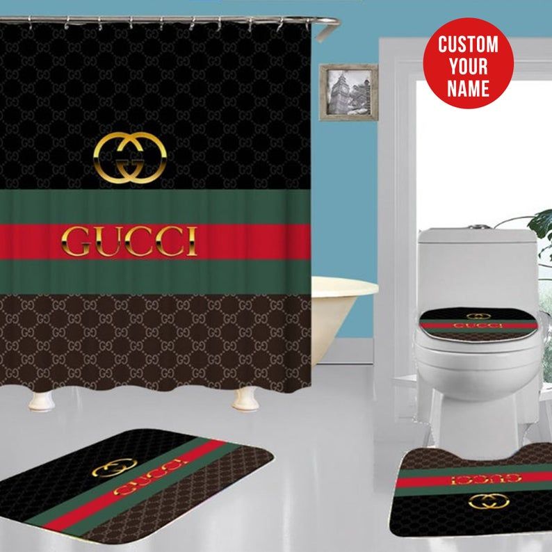 Gucci logo type 52 Bathroom Accessory Sets Waterproof Shower Curtain Bath Mat Set Toilet Cover Pedestal Rug Home Decor Bathroom Sets Luxury Fashion Brand Hypebeast Bathroom
