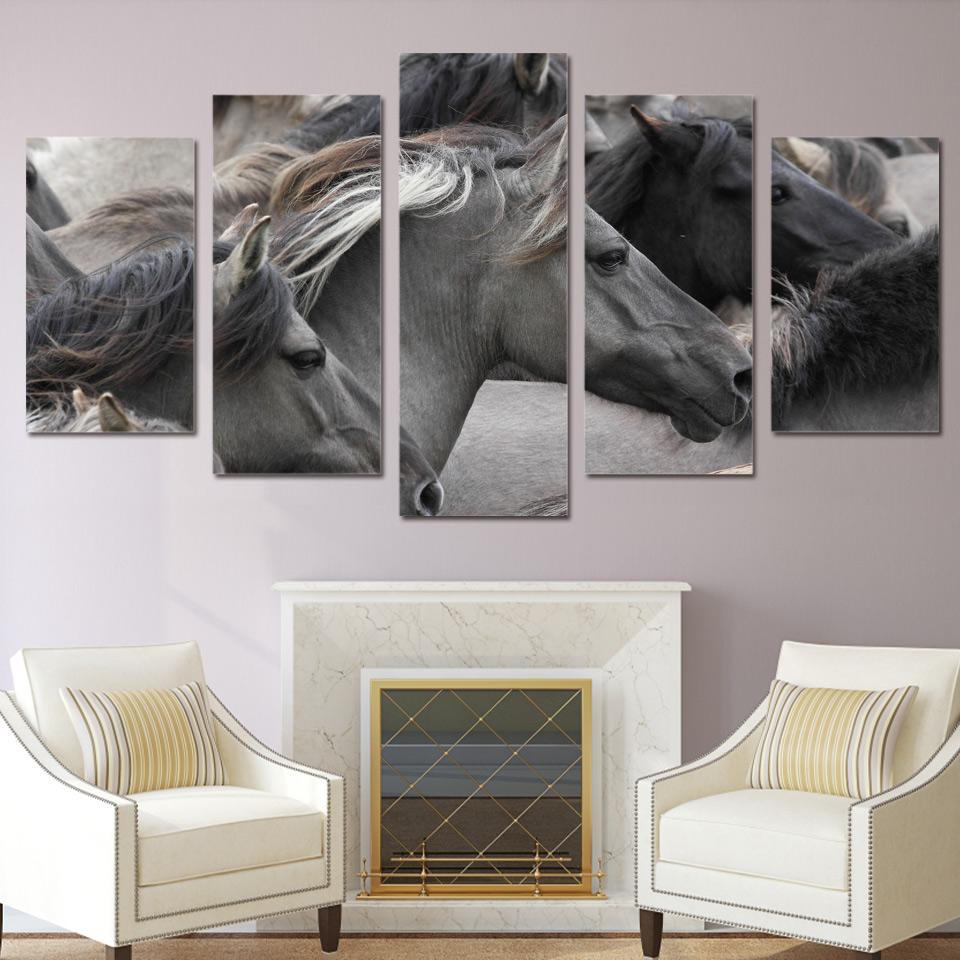 Running gray black horses  animal   Canvas Art - Collection Beautiful Room Creative Wall Decor Living Room