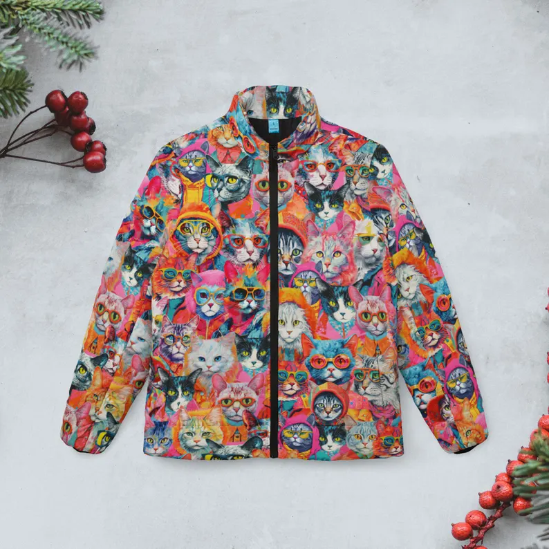 Hipster Cats pattern Puffer Jacket