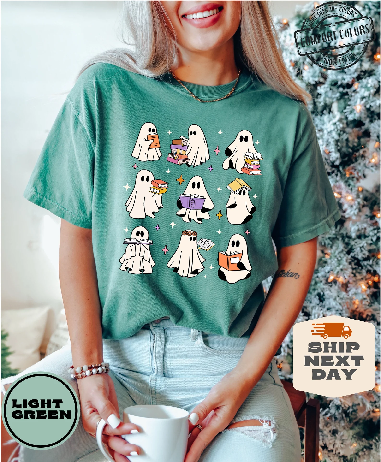 Comfort Colors® Ghost Reading Books Shirt, Bookish Halloween Shirt, Teacher Librarian Halloween Gift, Halloween Book Lover, Halloween School
