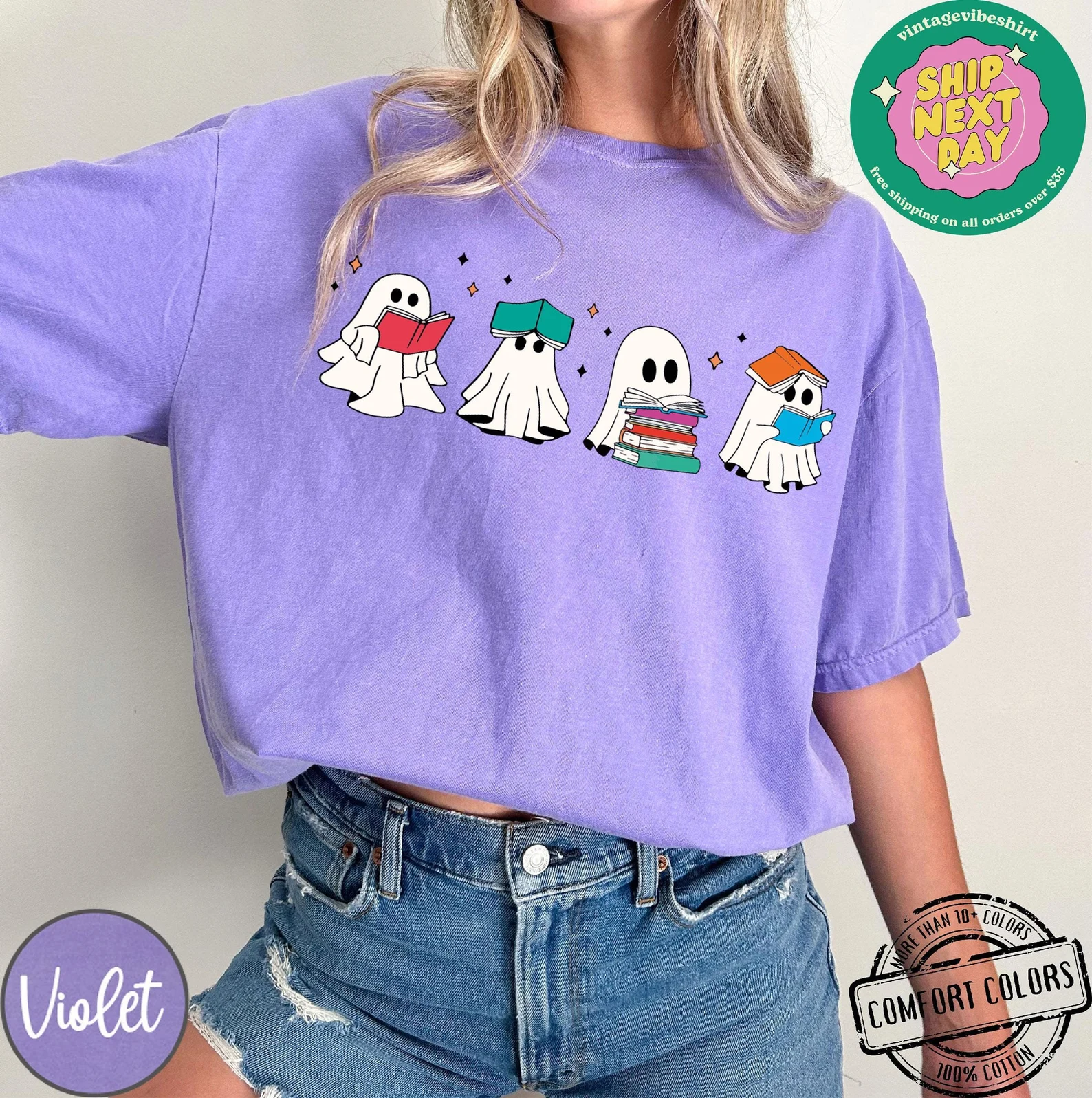 Cute Ghost Reading Book Comfort Colors®, Librarian Ghost Halloween, Halloween Teacher Sweatshirt, Trendy Halloween Shirt, Book Lover Tshirt