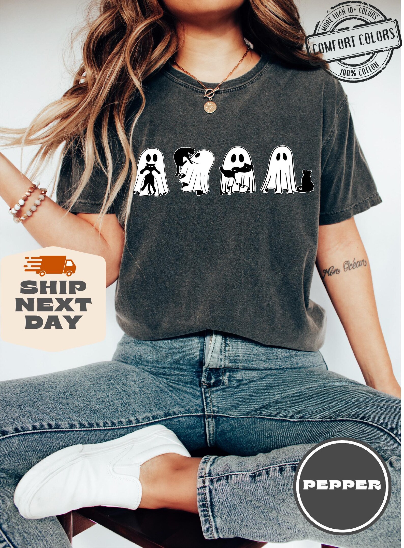 Halloween Black Cat & Ghost Comfort Colors®, Cute Ghost Shirt, Spooky Season Cat Crewneck, Halloween Ghost shirt, Woman Halloween Shirt