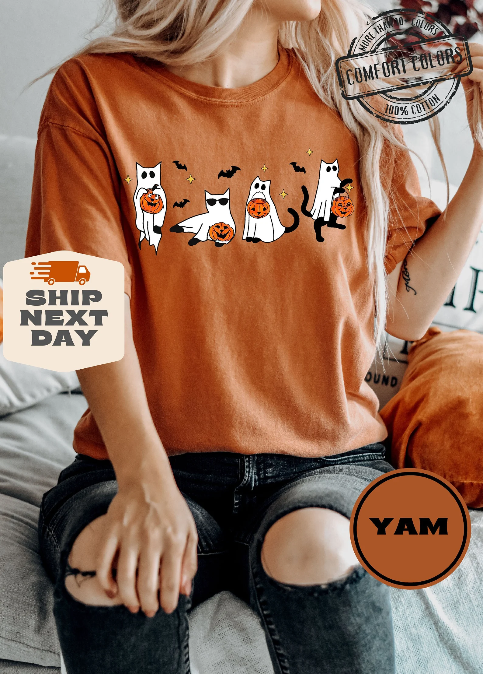 Comfort Colors® Сute Ghost Cat Shirt, Halloween Cat Shirt, Black Cat Shirt, Cat Lover Shirt, Ghost Cat t-shirt, Funny Ghost Cat Shirt