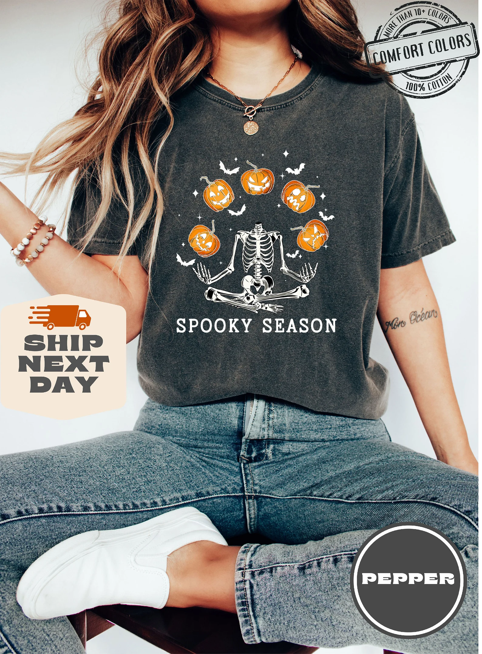 Comfort Colors® Spooky Season Shirt, Funny Skeleton Shirt, Pumpkin Shirt For Woman, Halloween Tshirt, Fall Graphic Tee, Skeleton halloween