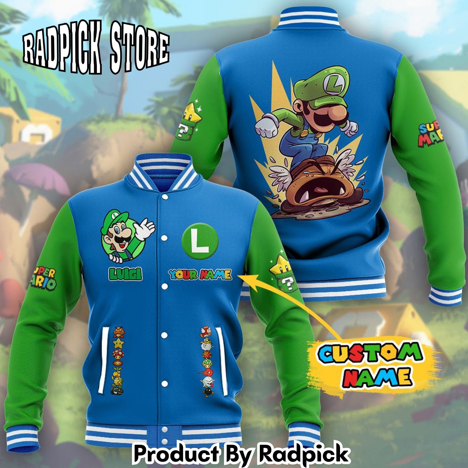 Radpick Super Mario Luigi Custom Name Baseball Jacket RP00195