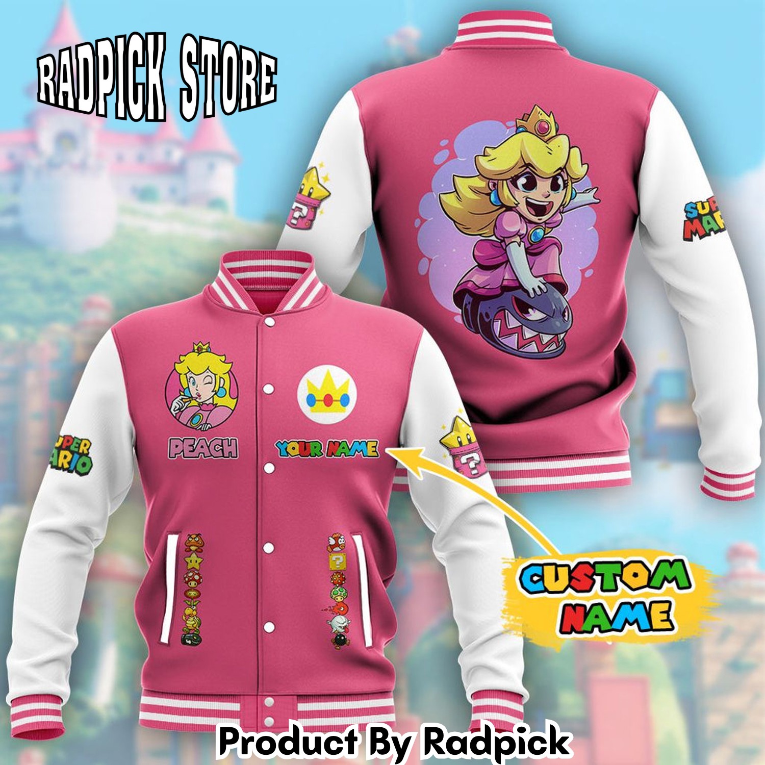 Radpick Super Mario Peach Custom Name Baseball Jacket RP00191